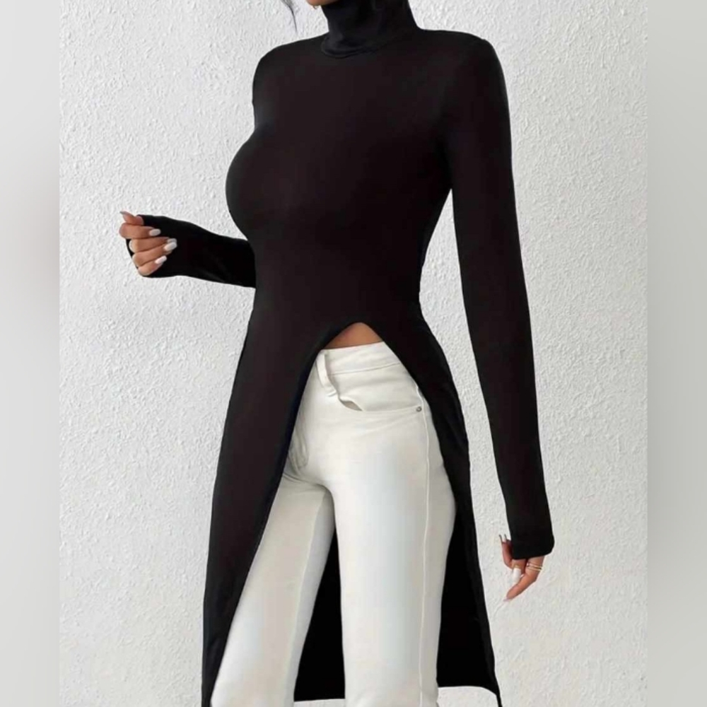 Solid turtleneck Split Slim Tunic Versatile Long Sleeve Longline Top Size L